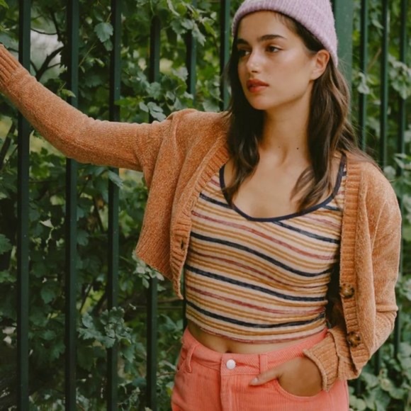 ⭐UO Maura Chenille Cropped Cardigan gold orange XS - Picture 2 of 11